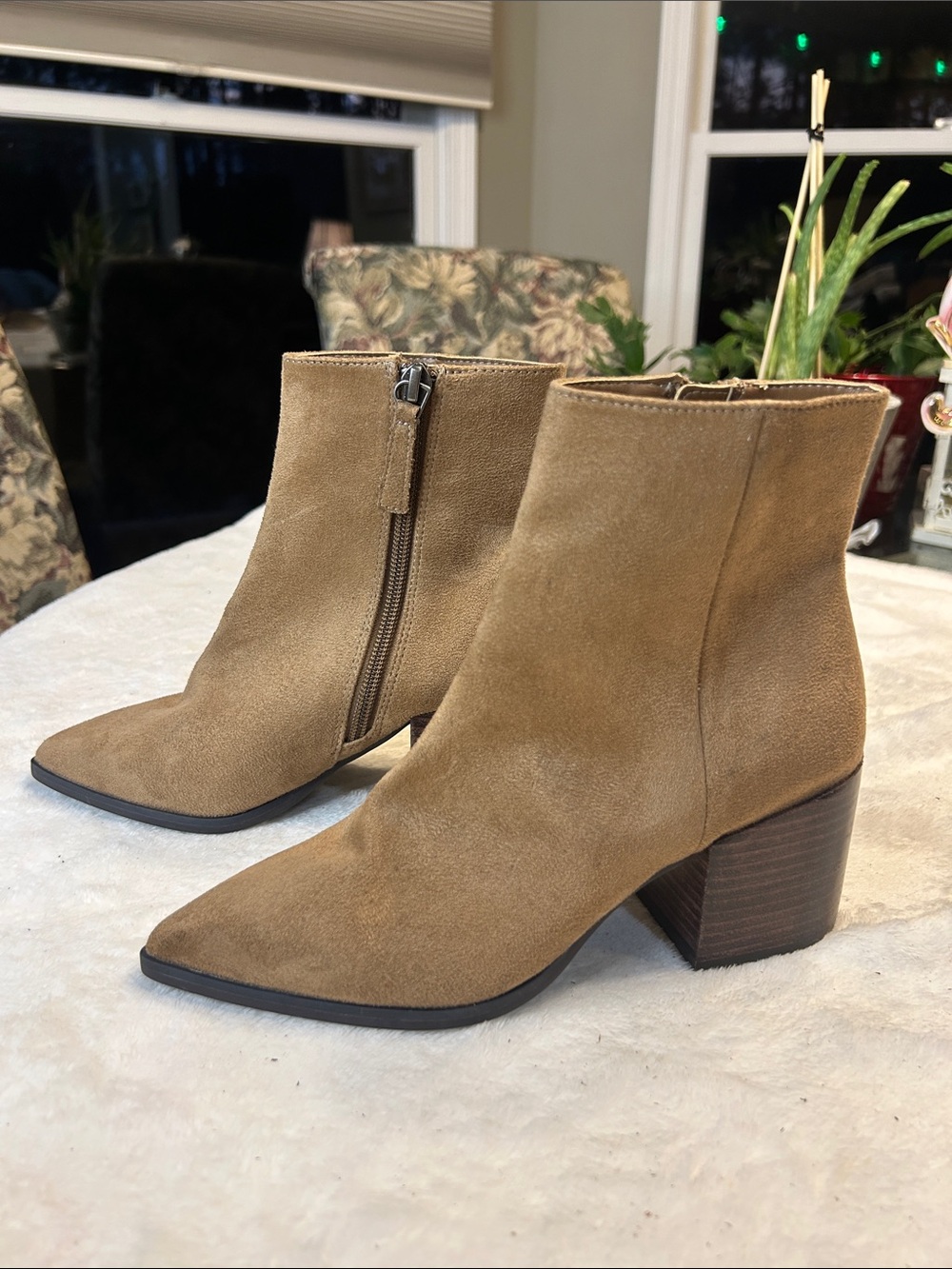Paolo Tan Suede Pointed Toe Ankle Boots with Block Heel